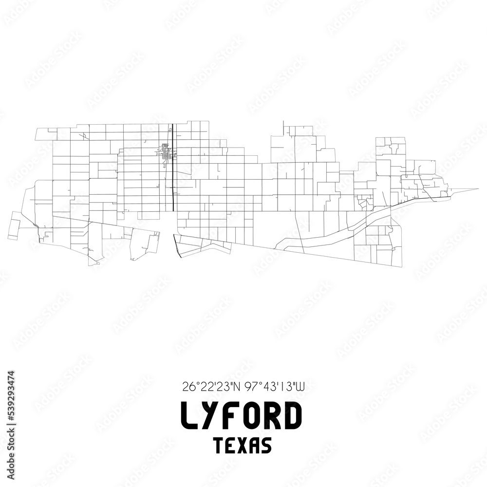 Lyford Texas. US street map with black and white lines.
