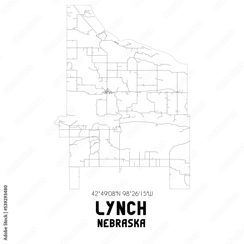 Lynch Nebraska. US street map with black and white lines.