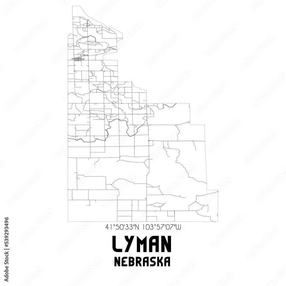 Lyman Nebraska. US street map with black and white lines.