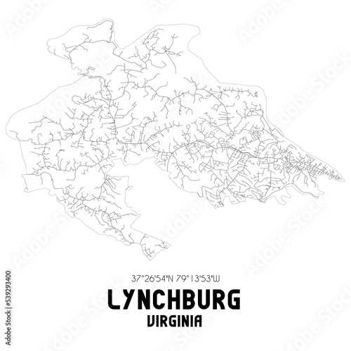 Lynchburg Virginia. US street map with black and white lines.