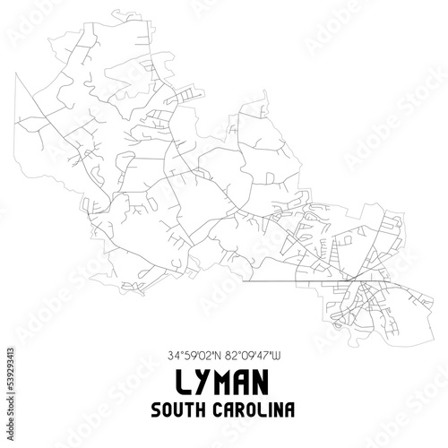 Lyman South Carolina. US street map with black and white lines.