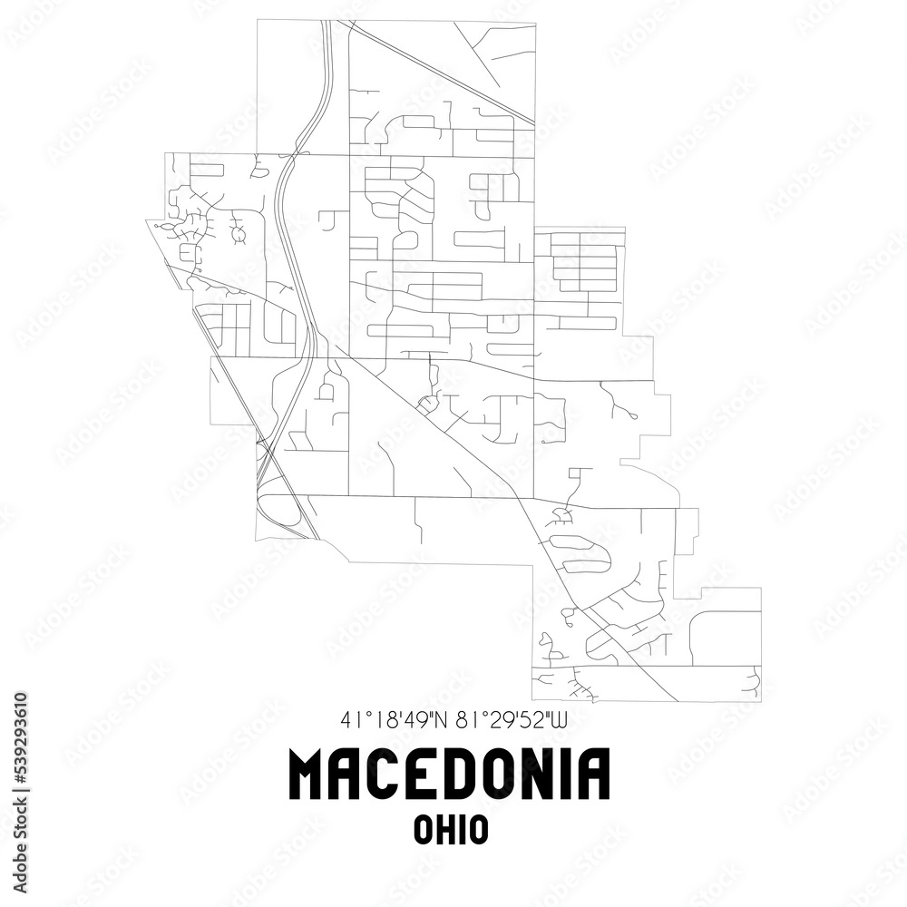 Macedonia Ohio. US street map with black and white lines.