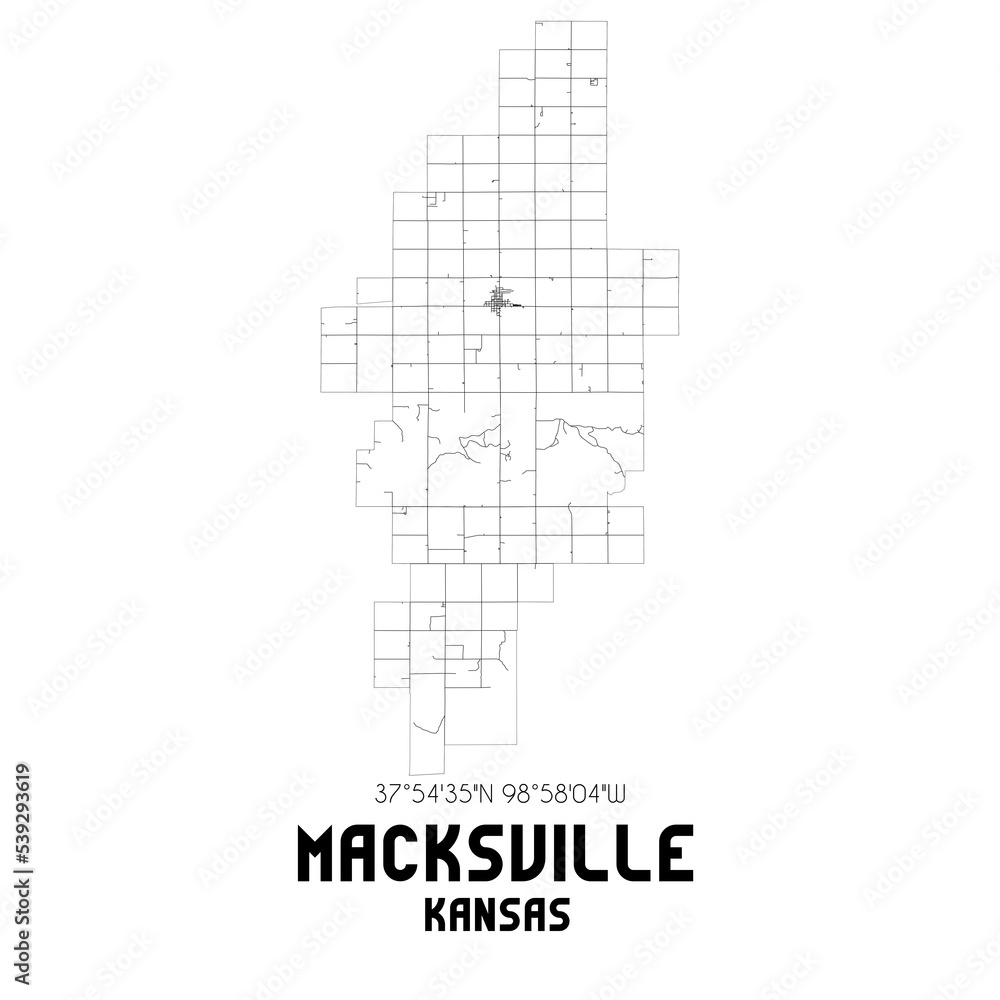 Macksville Kansas. US street map with black and white lines.