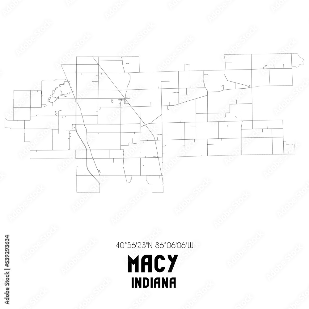 Macy Indiana. US street map with black and white lines.