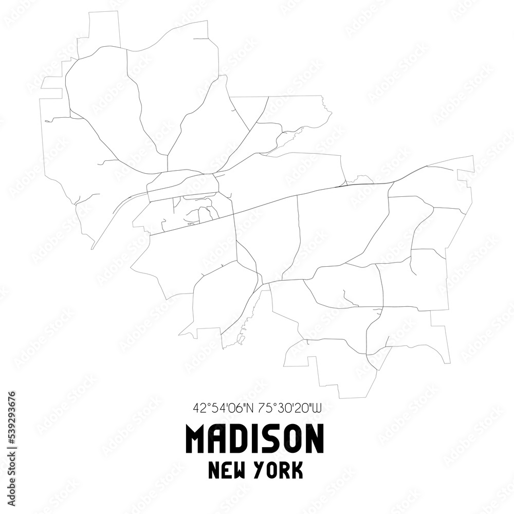 Madison New York. US street map with black and white lines.