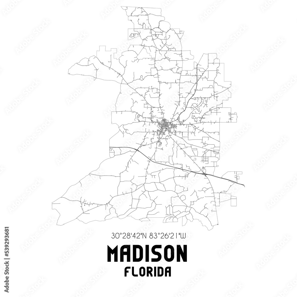 Madison Florida. US street map with black and white lines. Madison Florida. US street map with black and white lines.