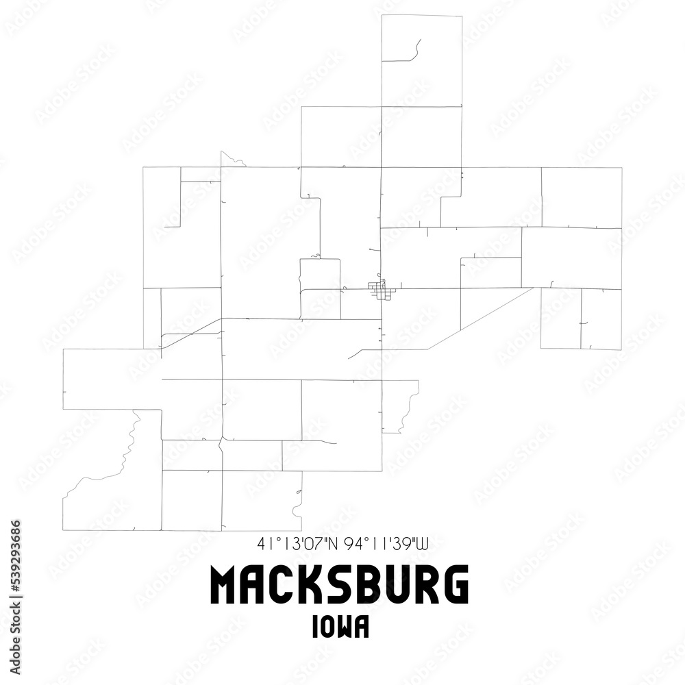 Macksburg Iowa. US street map with black and white lines. Macksburg Iowa. US street map with black and white lines.