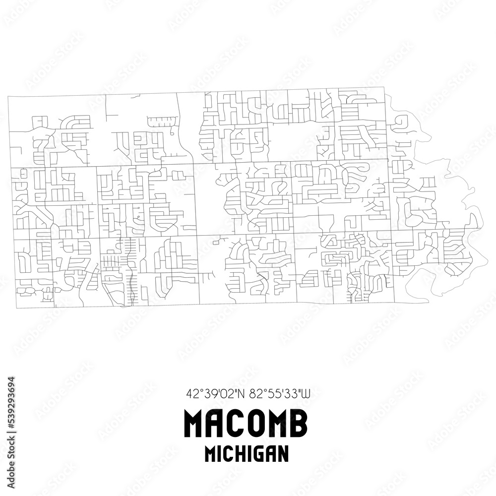 Macomb Michigan. US street map with black and white lines.