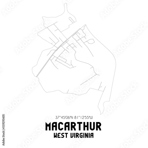 MacArthur West Virginia. US street map with black and white lines.