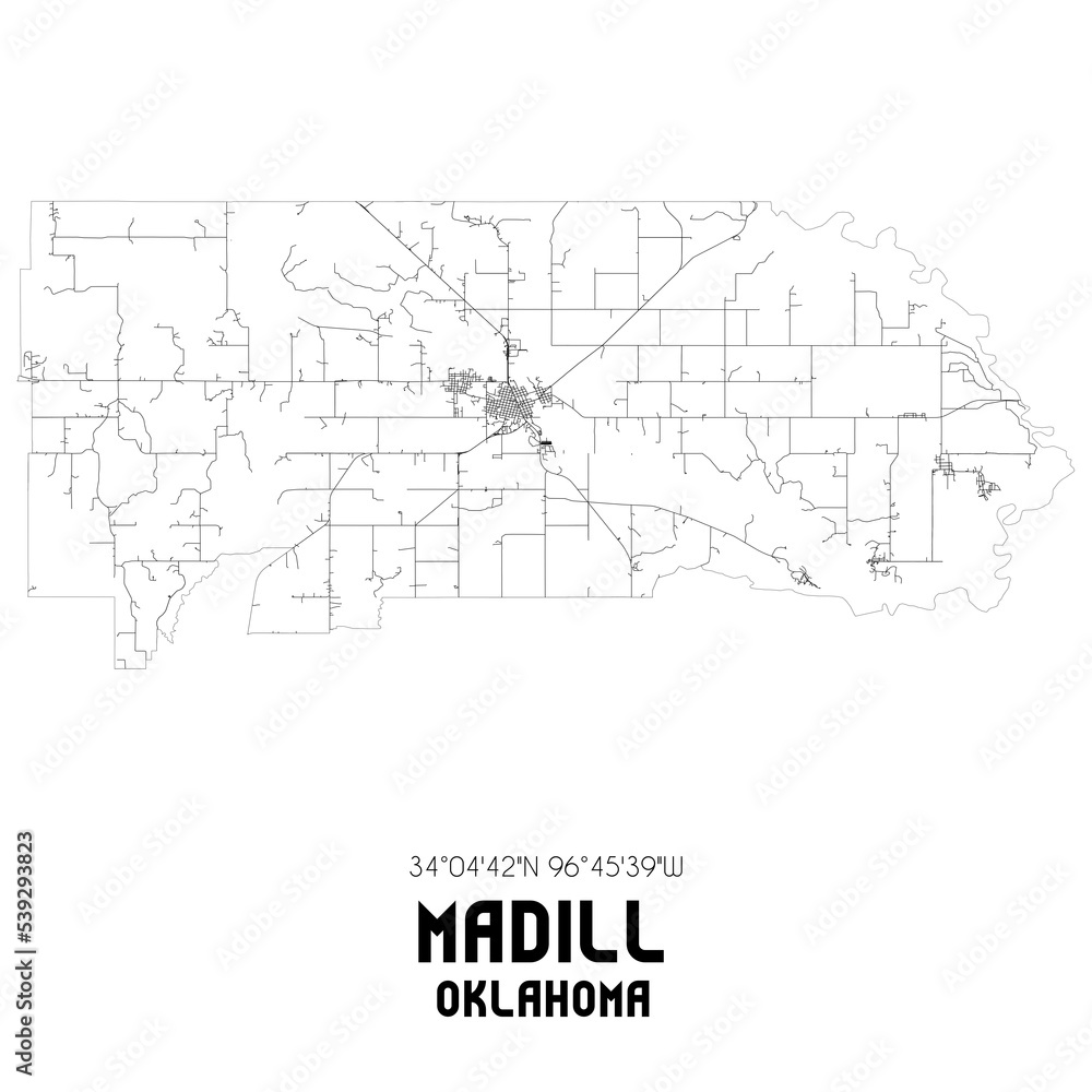 Madill Oklahoma. US street map with black and white lines.