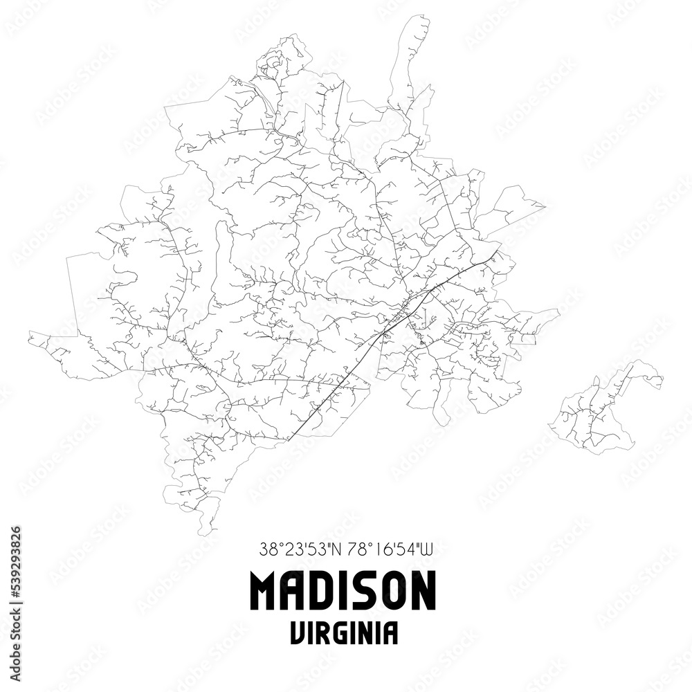 Madison Virginia. US street map with black and white lines.