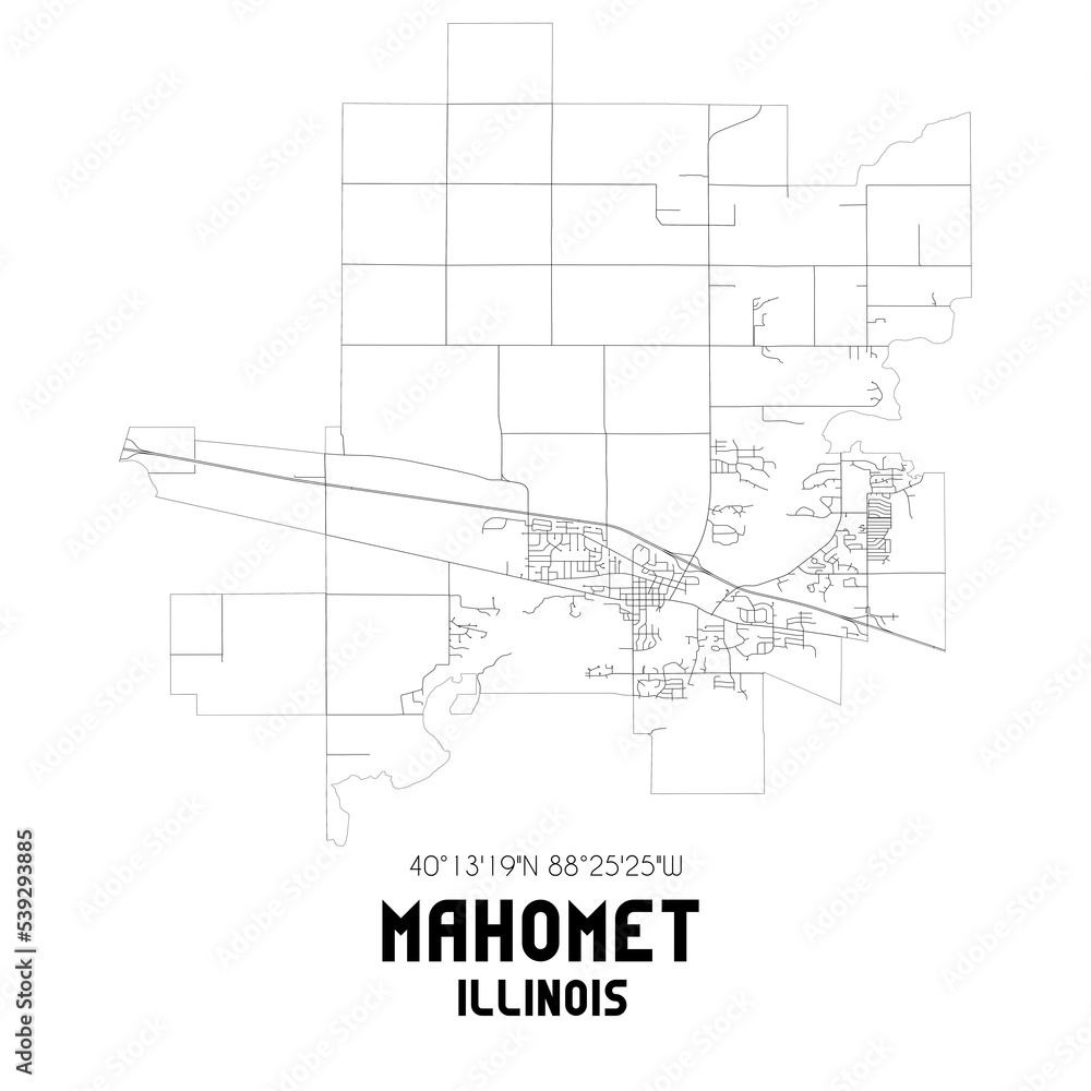 Mahomet Illinois. US street map with black and white lines.