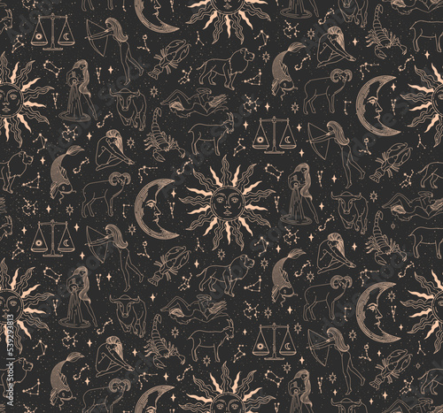Seamless pattern with zodiac signs. Wheel of astrology. Realistic illustration of zodiac signs. Horoscope vector illustration.