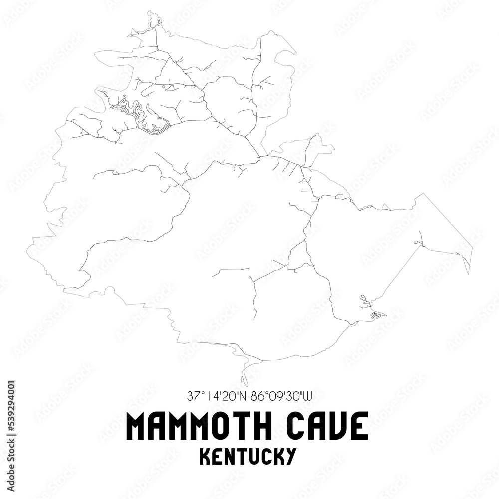 Mammoth Cave Kentucky. US street map with black and white lines.