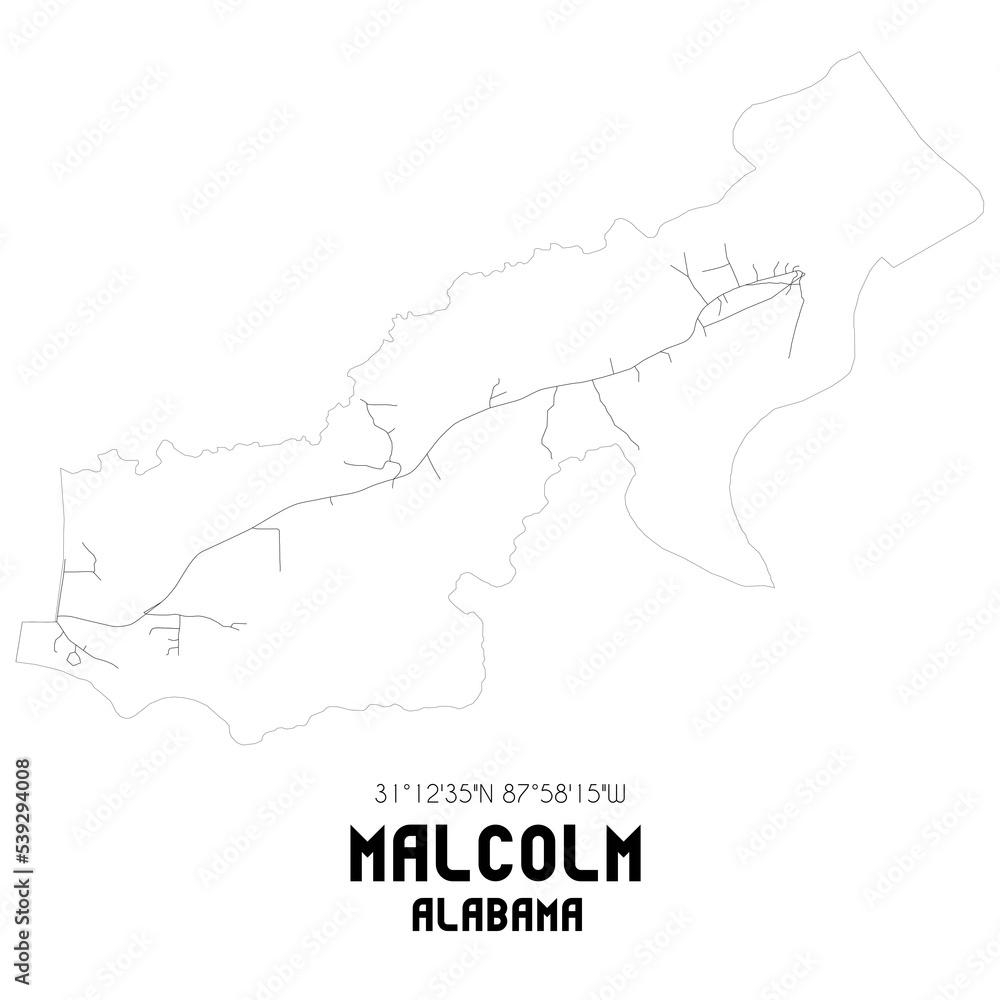 Malcolm Alabama. US street map with black and white lines.
