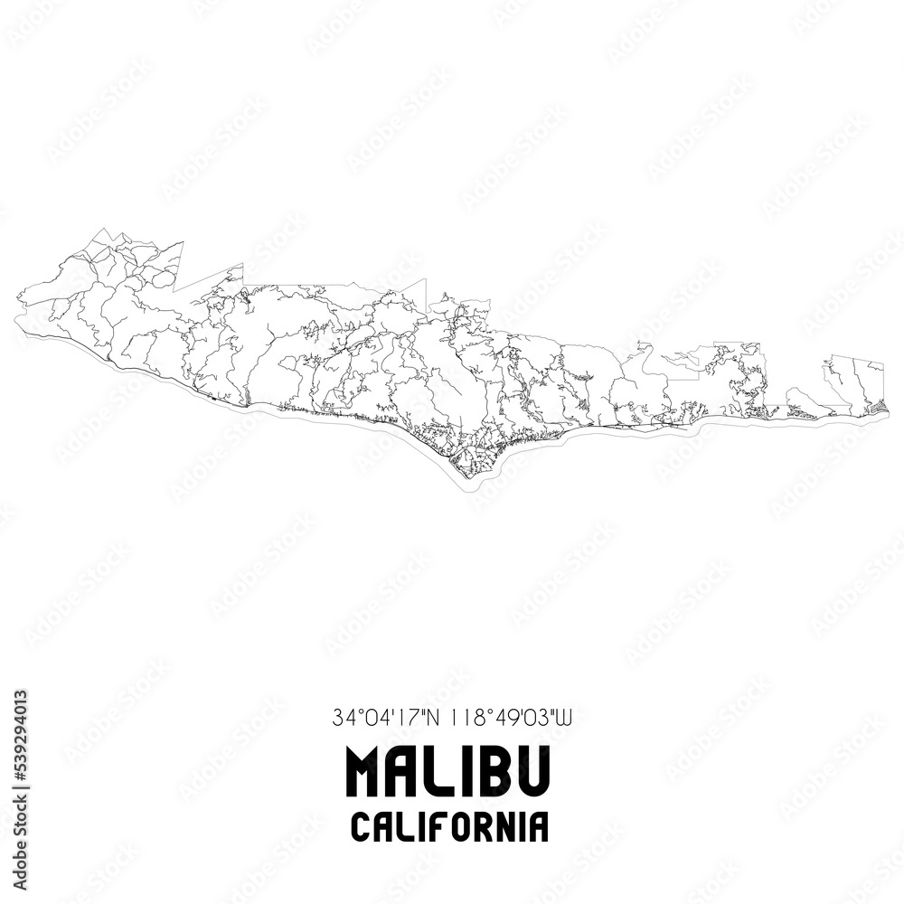 Malibu California. US street map with black and white lines.
