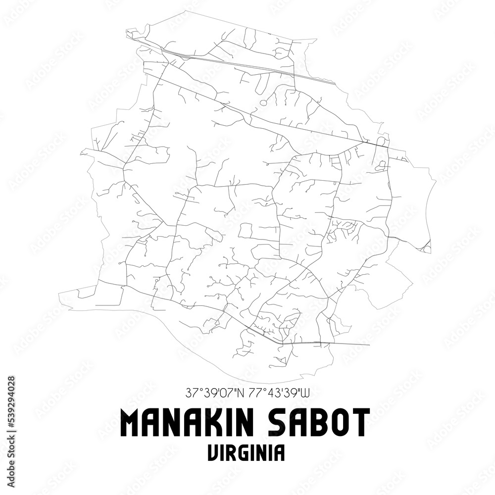 Manakin Sabot Virginia. US street map with black and white lines.