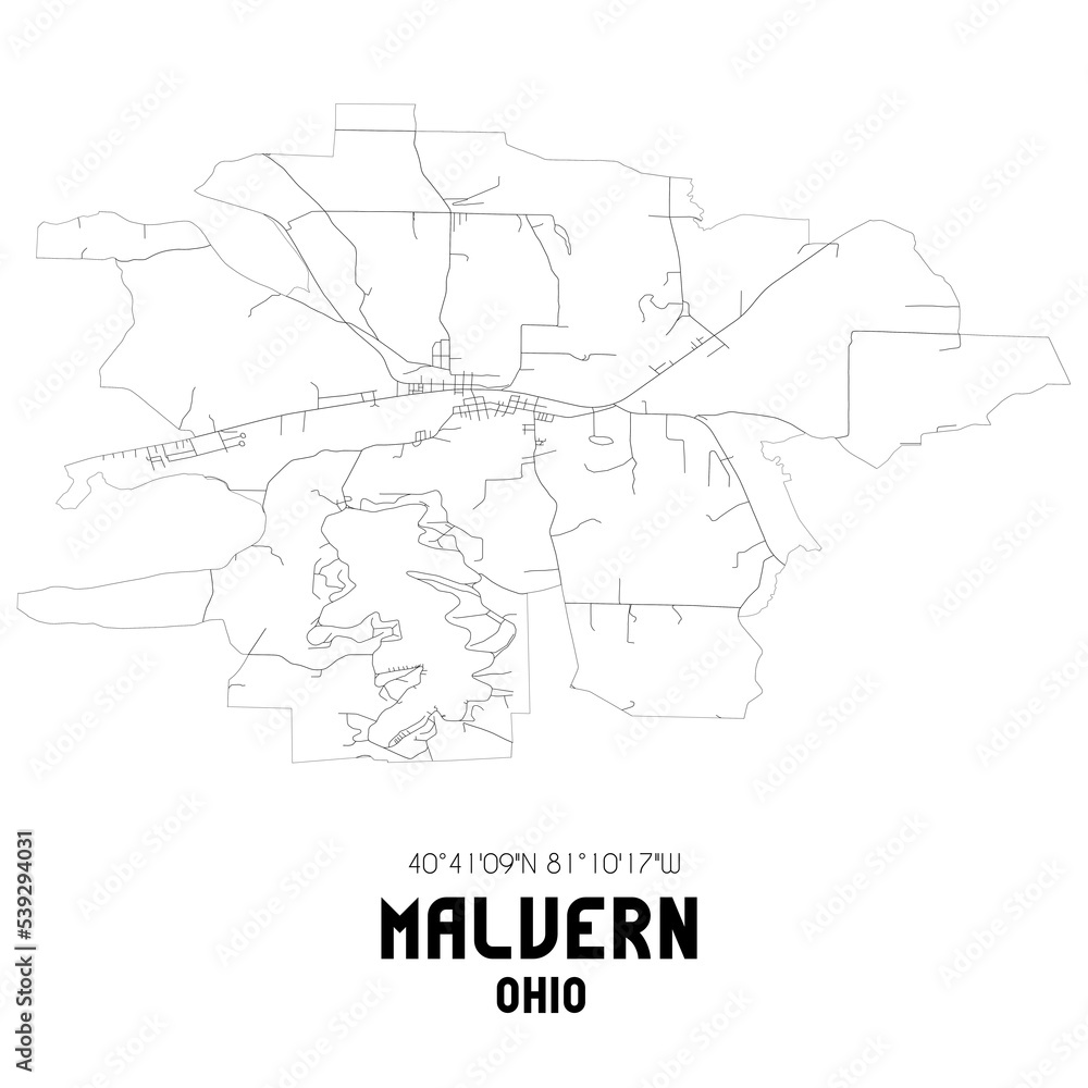 Malvern Ohio. US street map with black and white lines. Malvern Ohio. US street map with black and white lines.