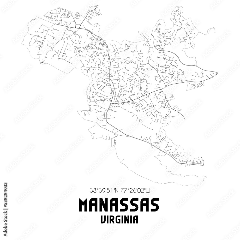 Manassas Virginia. US street map with black and white lines.