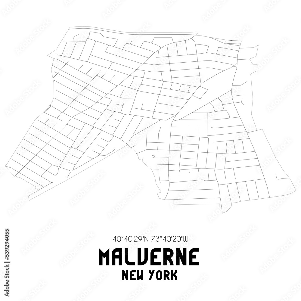 Malverne New York. US street map with black and white lines.