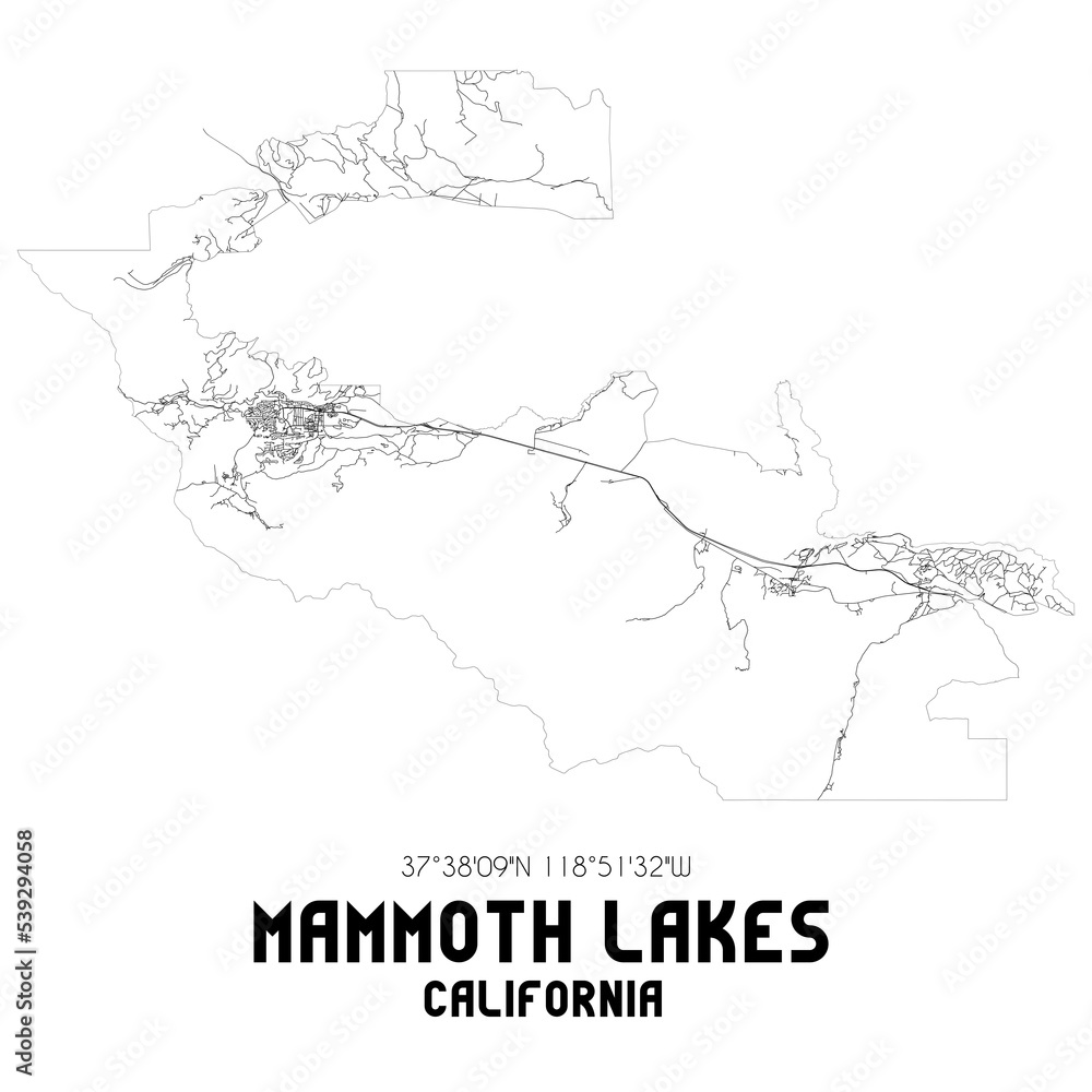 Mammoth Lakes California. US street map with black and white lines.