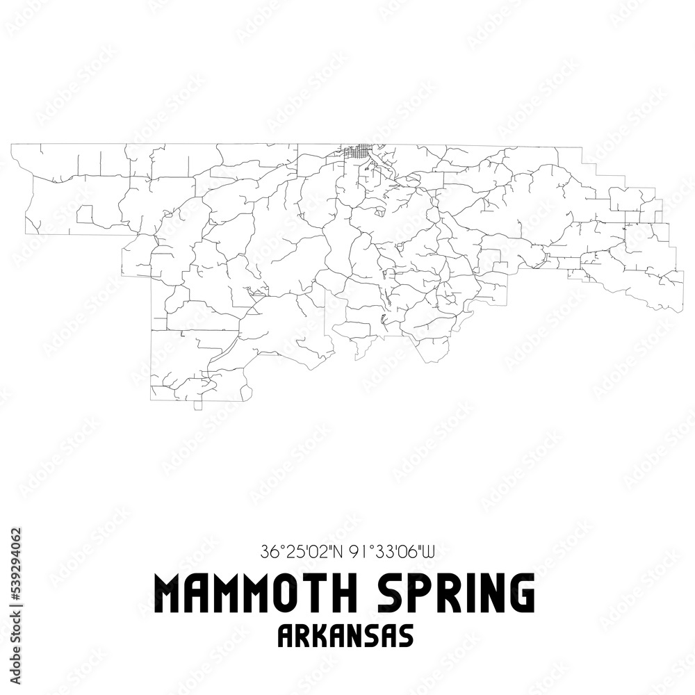 Mammoth Spring Arkansas. US street map with black and white lines.