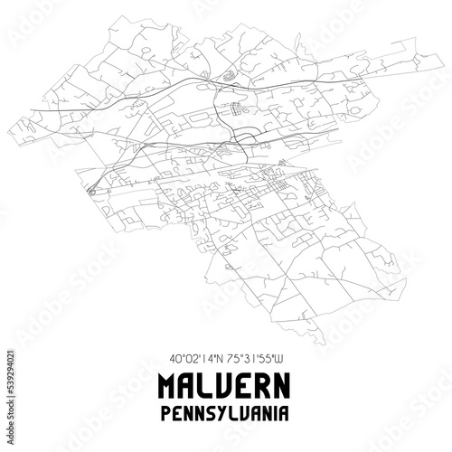 Malvern Pennsylvania. US street map with black and white lines.