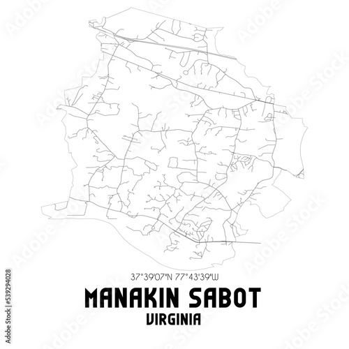 Manakin Sabot Virginia. US street map with black and white lines.