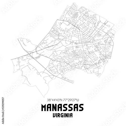 Manassas Virginia. US street map with black and white lines. photo