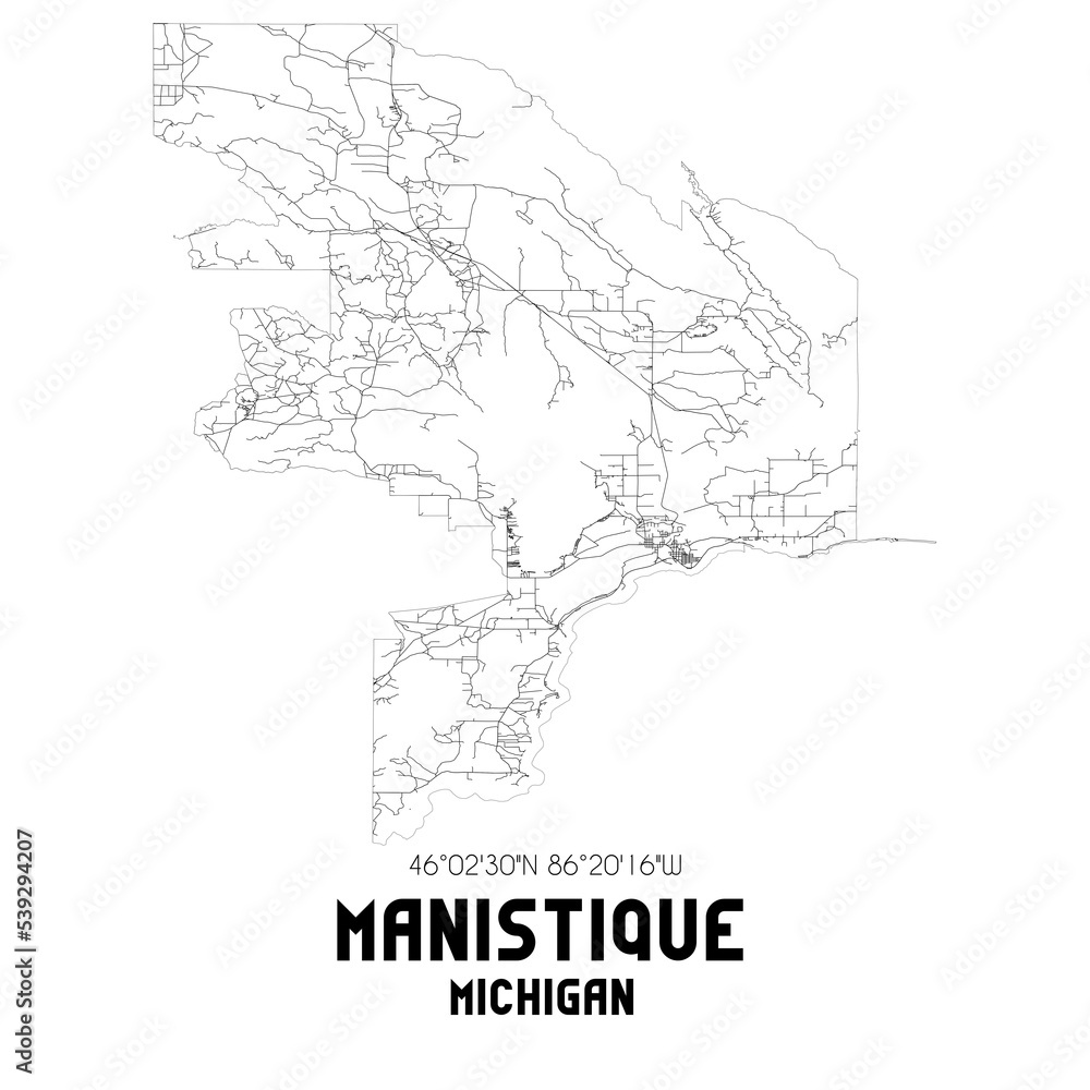 Manistique Michigan. US street map with black and white lines.