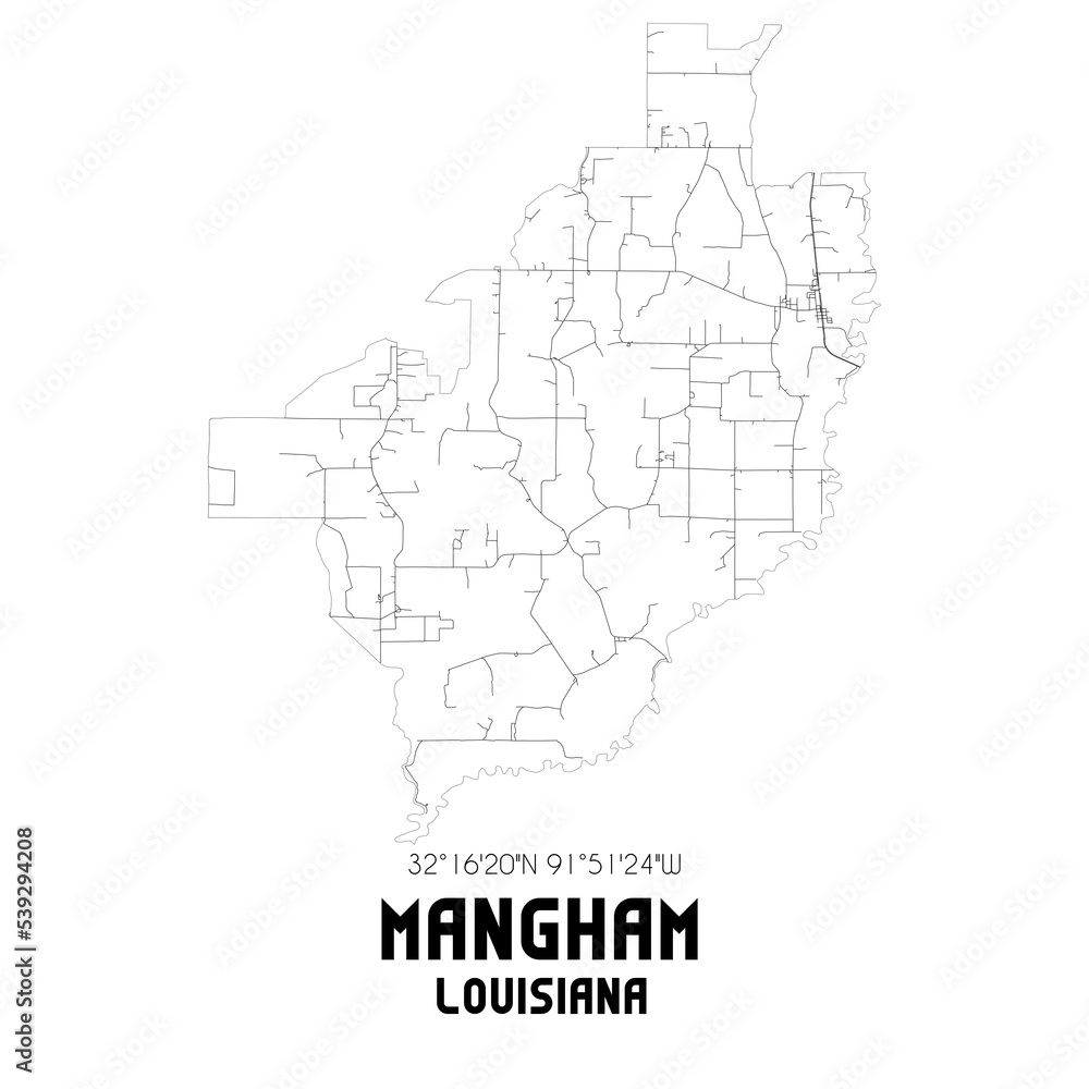 Mangham Louisiana. US street map with black and white lines.