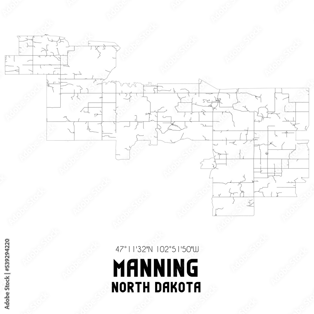 Manning North Dakota. US street map with black and white lines.