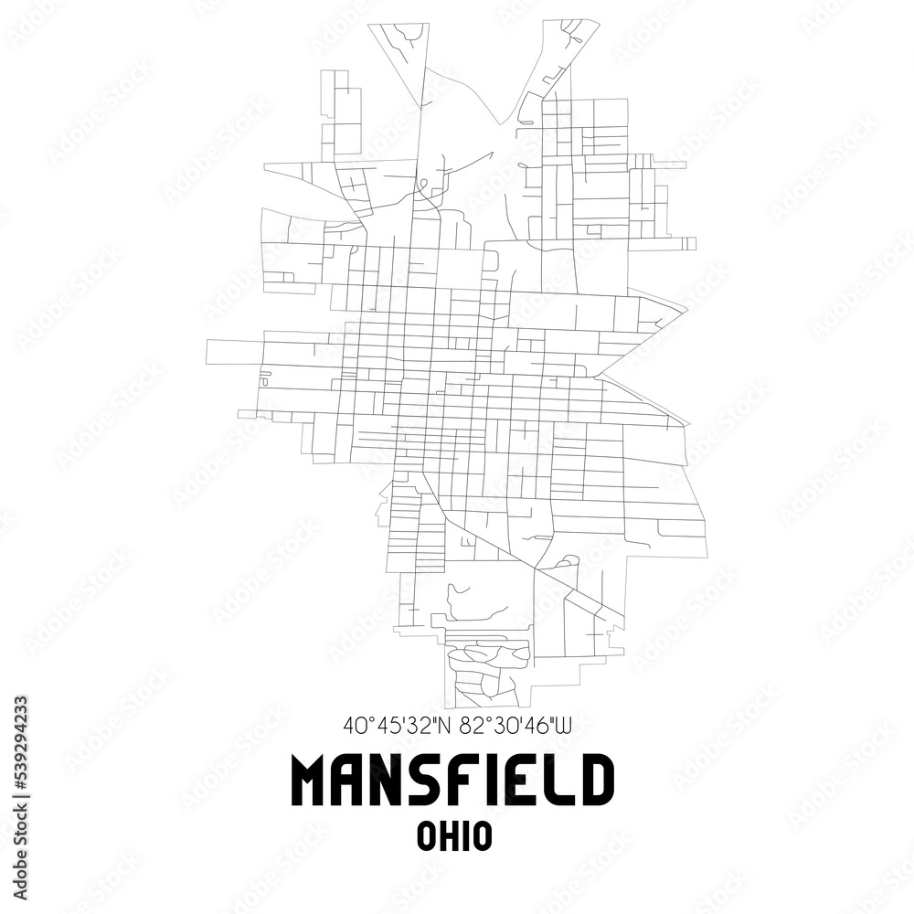 Mansfield Ohio. US street map with black and white lines.