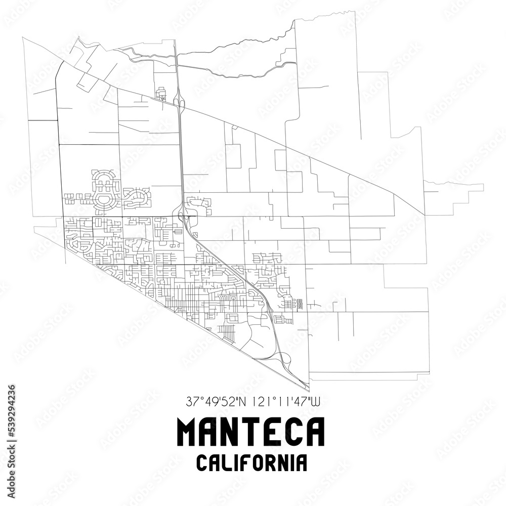 Manteca California. US street map with black and white lines.