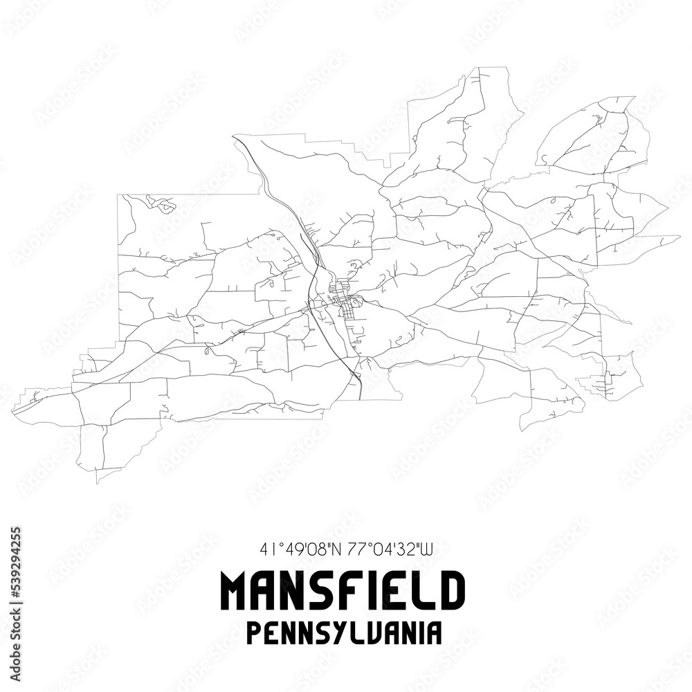 Mansfield Pennsylvania. US street map with black and white lines.