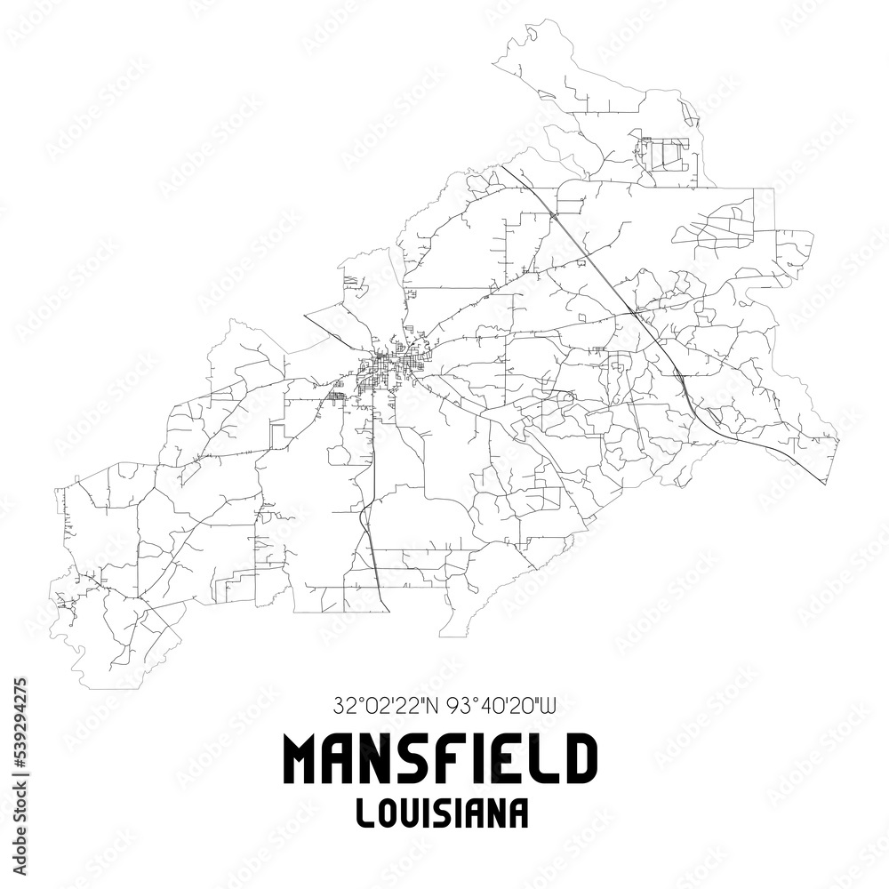 Mansfield Louisiana. US street map with black and white lines.