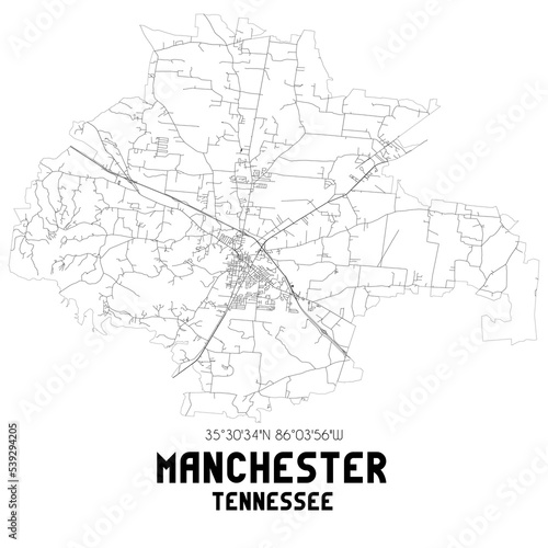 Manchester Tennessee. US street map with black and white lines.