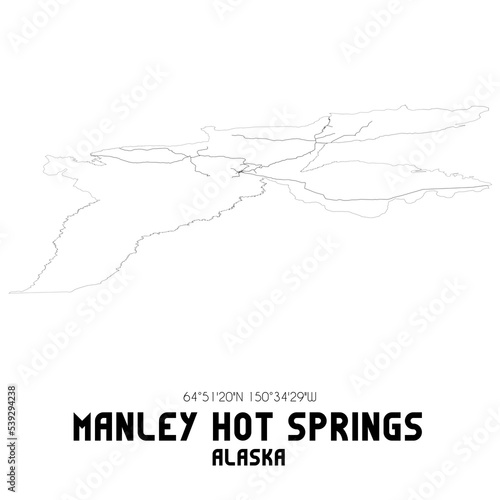 Manley Hot Springs Alaska. US street map with black and white lines.