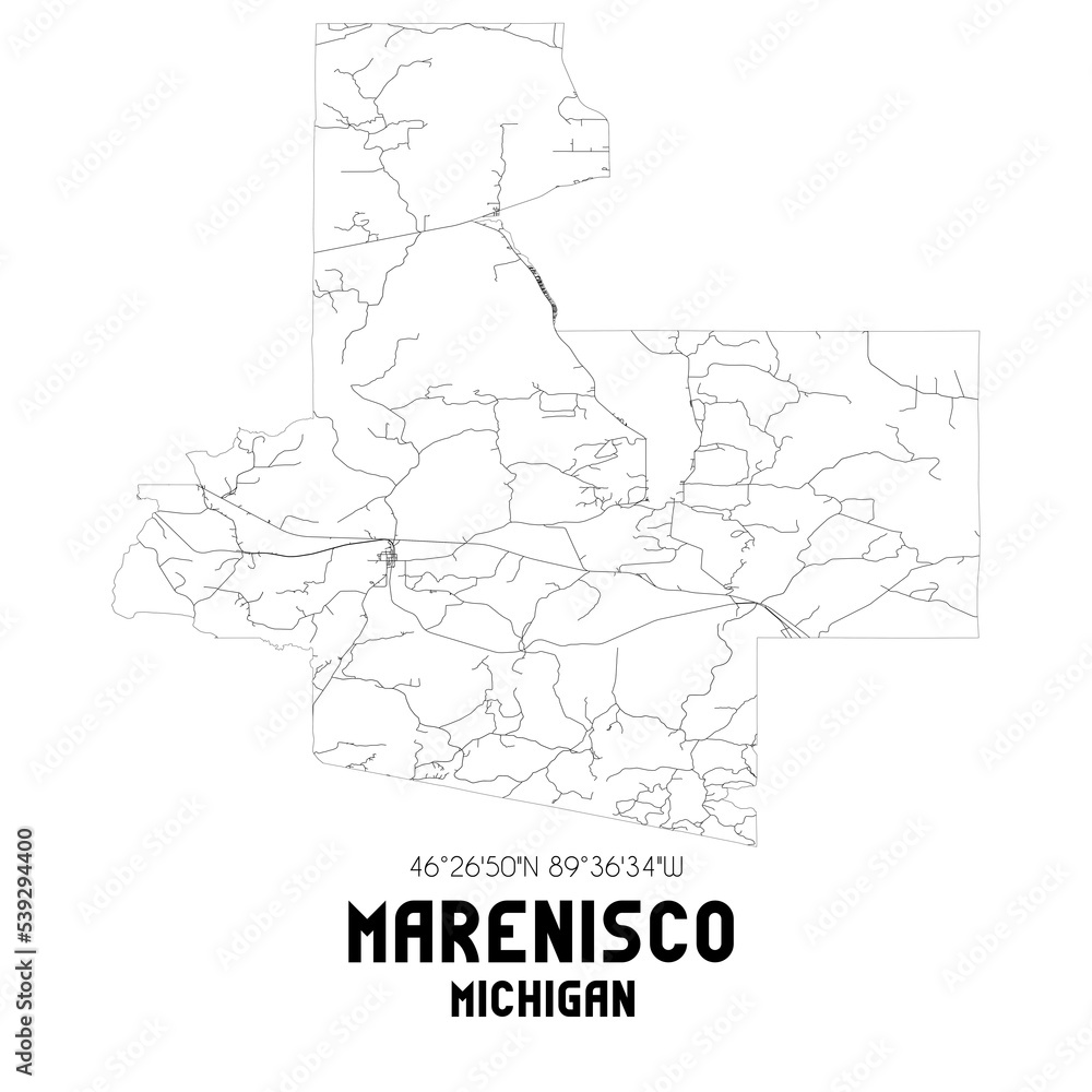 Marenisco Michigan. US street map with black and white lines.