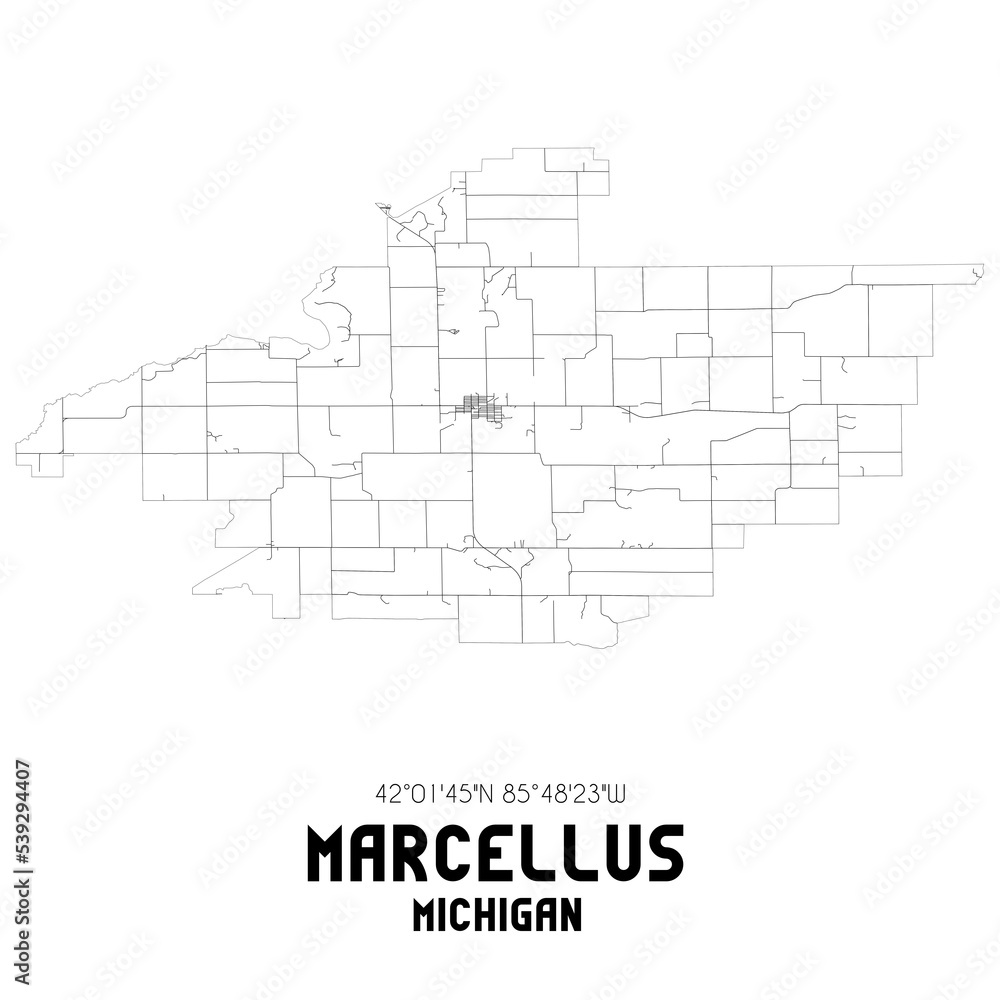 Marcellus Michigan. US street map with black and white lines.