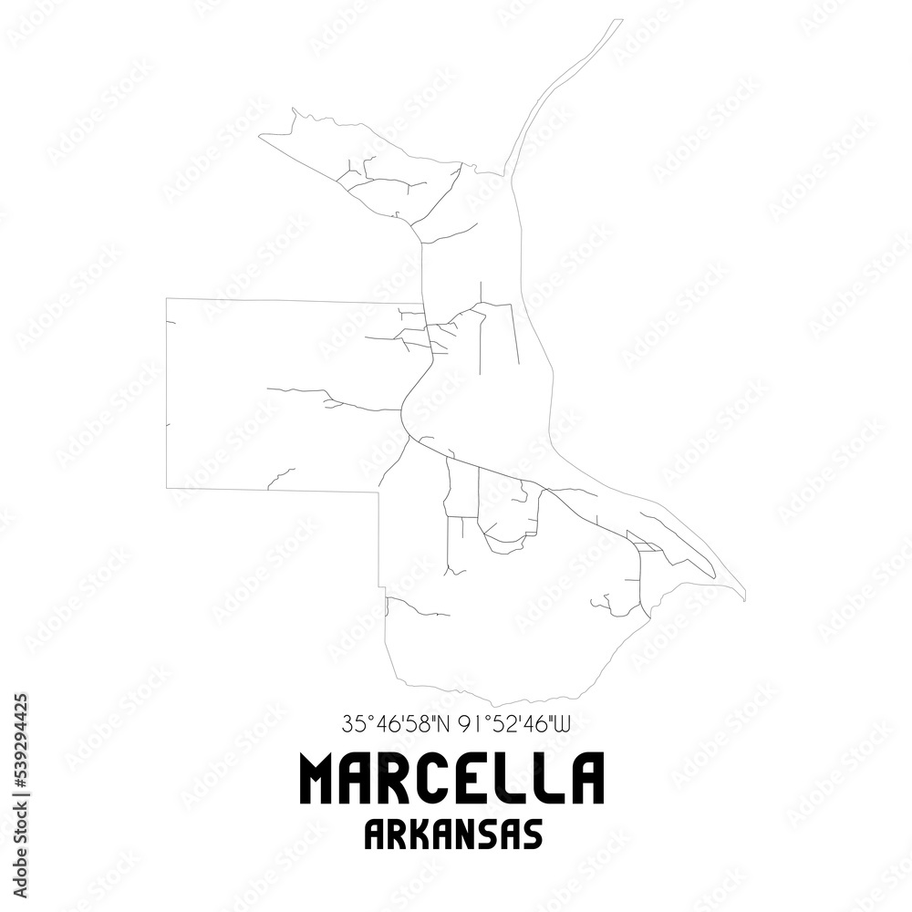 Marcella Arkansas. US street map with black and white lines.