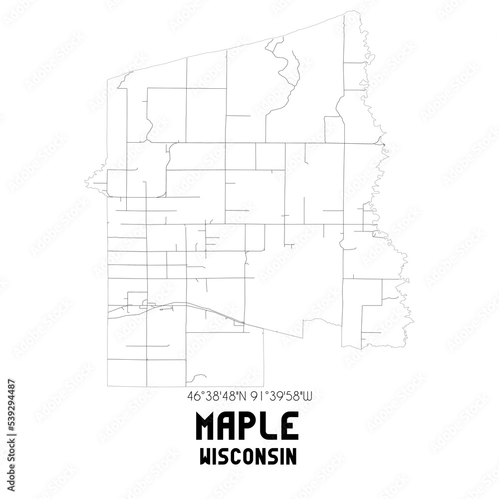 Maple Wisconsin. US street map with black and white lines.