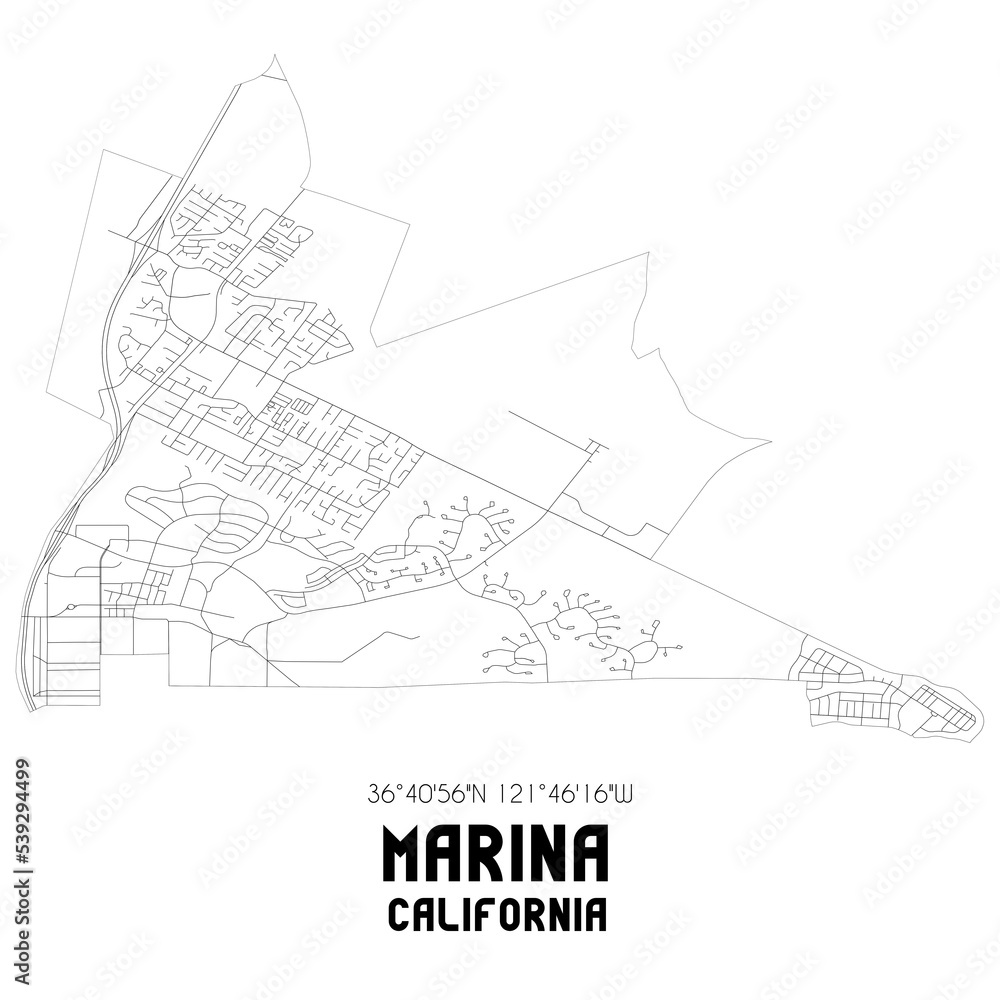 Marina California. US street map with black and white lines.