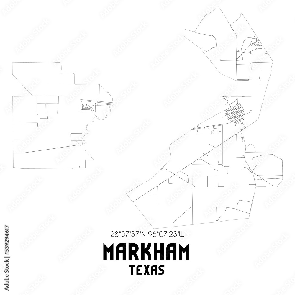 Markham Texas. US street map with black and white lines.