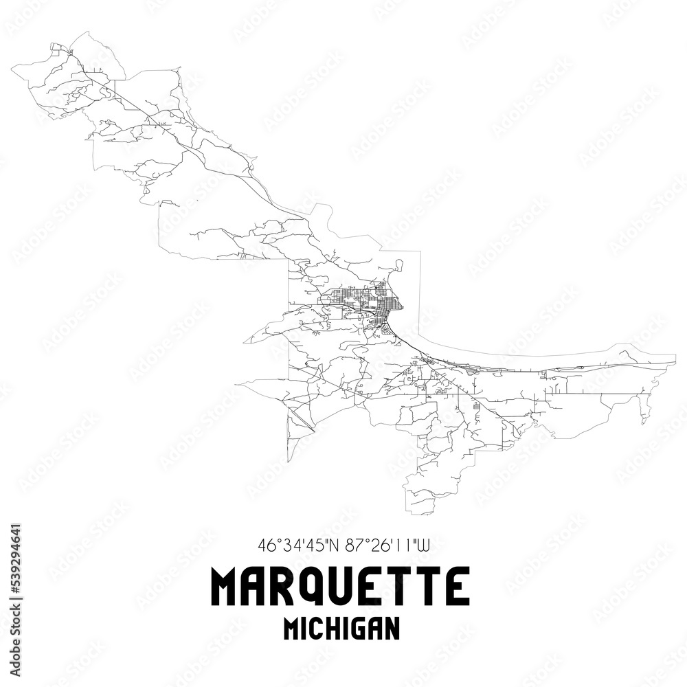 Marquette Michigan. US street map with black and white lines.