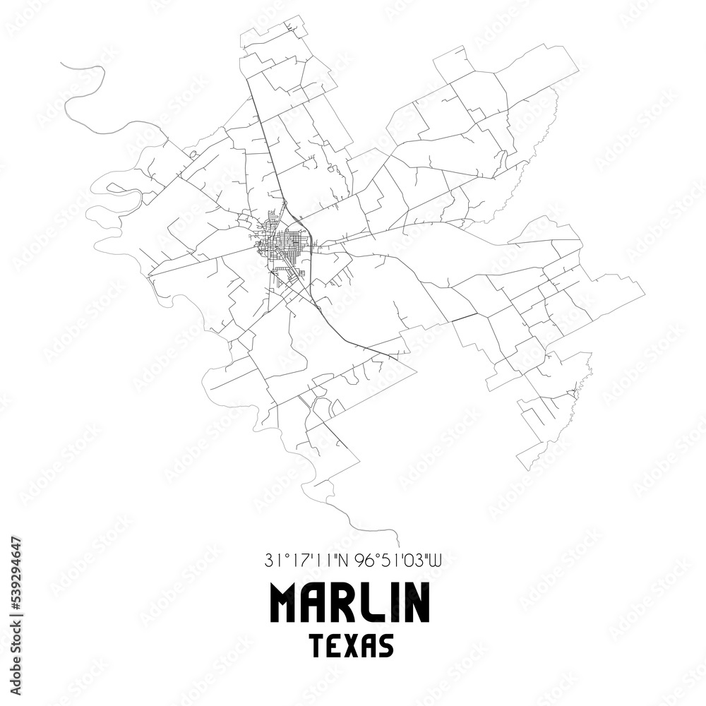 Marlin Texas. US street map with black and white lines.