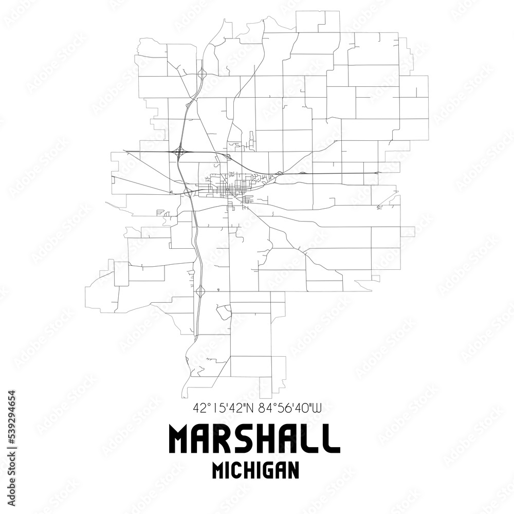 Marshall Michigan. US street map with black and white lines.