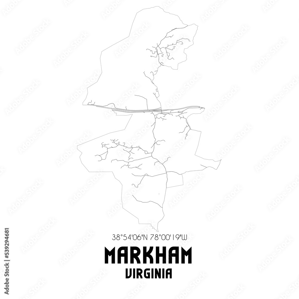 Markham Virginia. US street map with black and white lines.