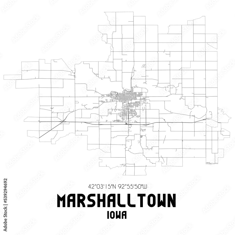 Marshalltown Iowa. US street map with black and white lines.