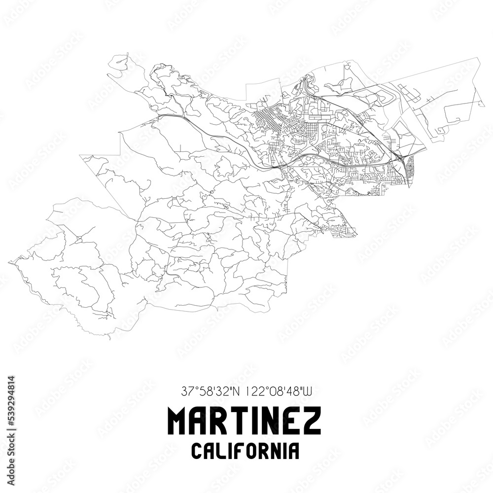 Martinez California. US street map with black and white lines.